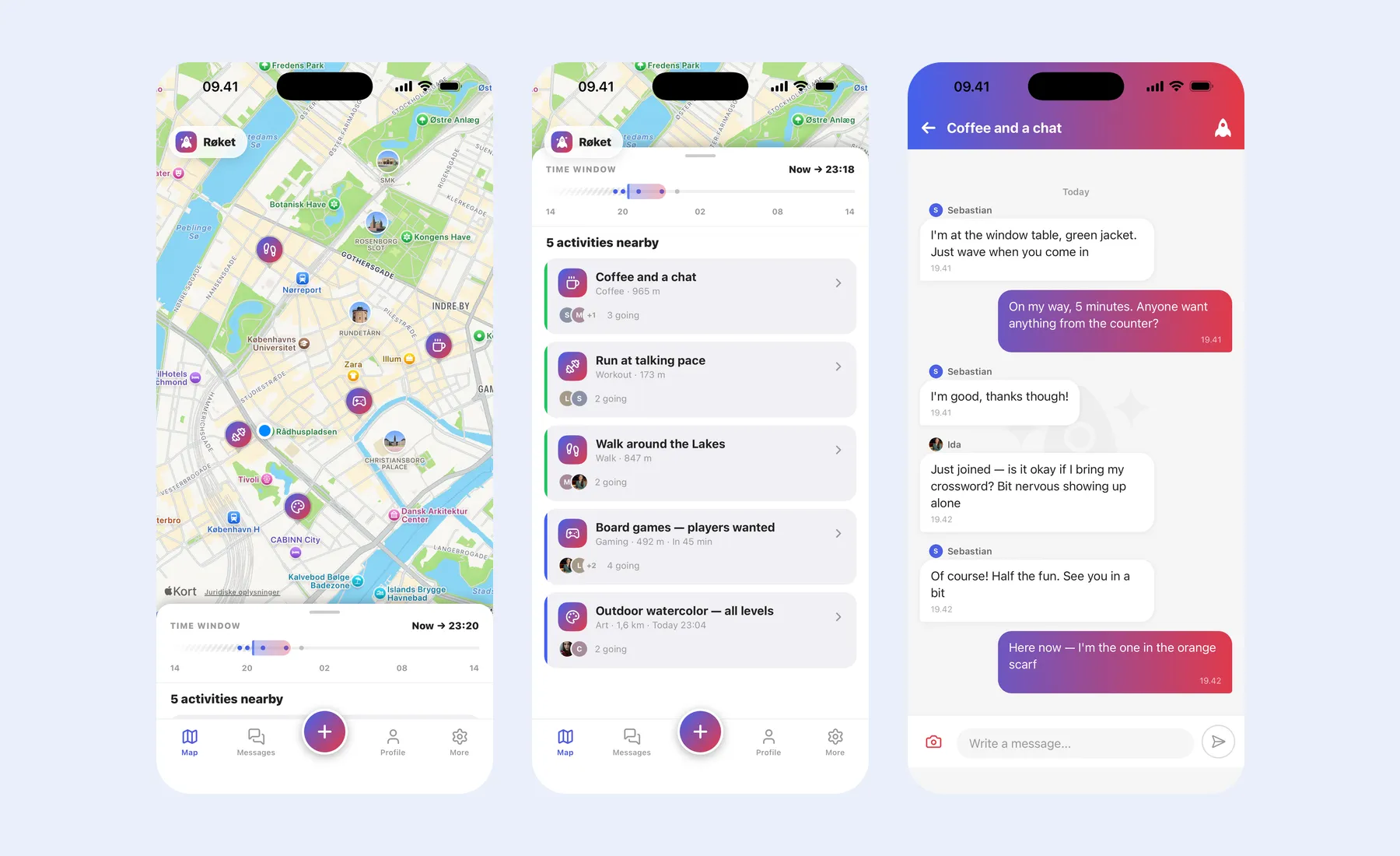 Tre skærme fra Røket, kortet med aktiviteter i nærheden, listen over aktiviteterne og en gruppechat