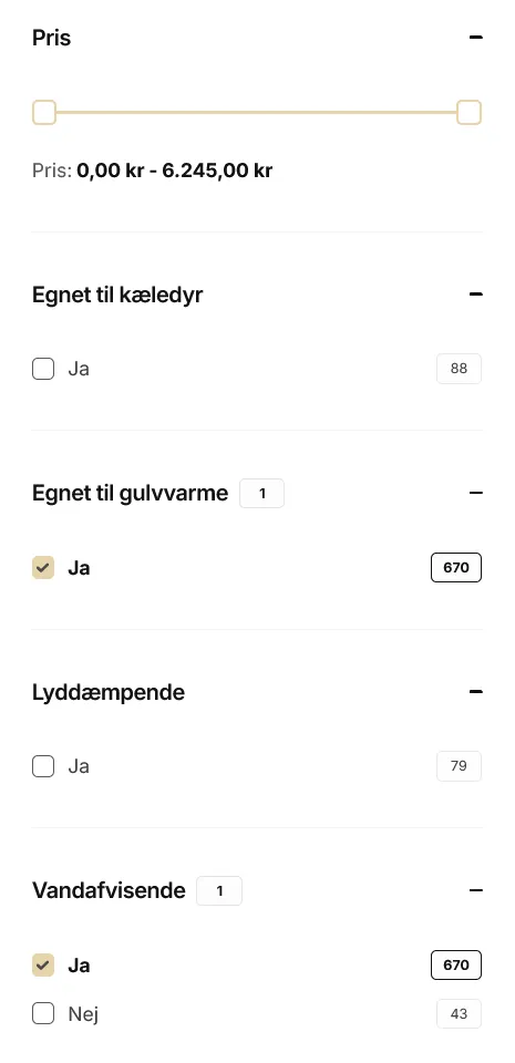 Filtrene på produktlisten, hvor Egnet til gulvvarme og Vandafvisende er slået til, med 670 gulve i hver
