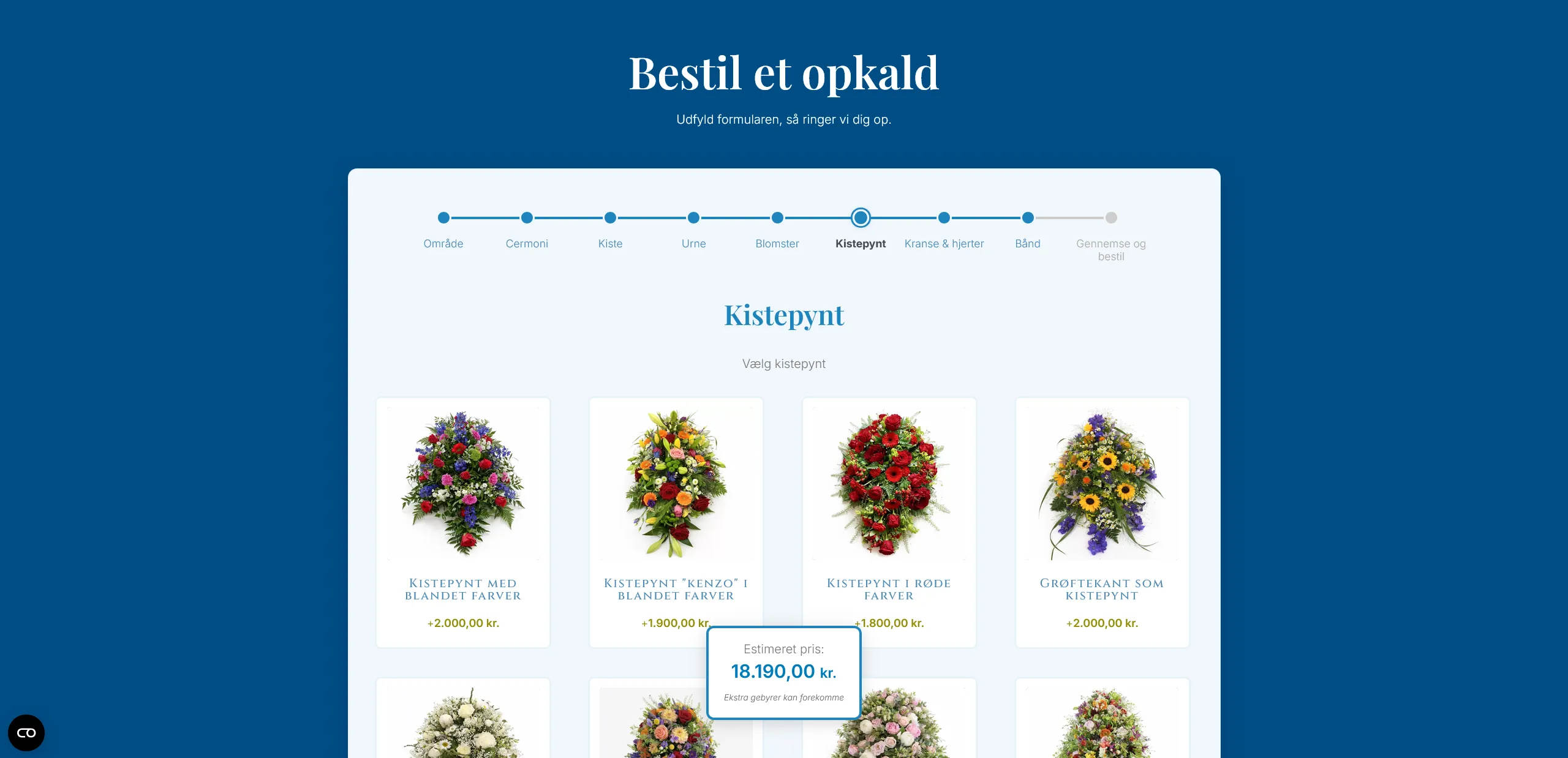 Trinnet Kistepynt med blomsterdekorationer og den flydende pris nederst på skærmen
