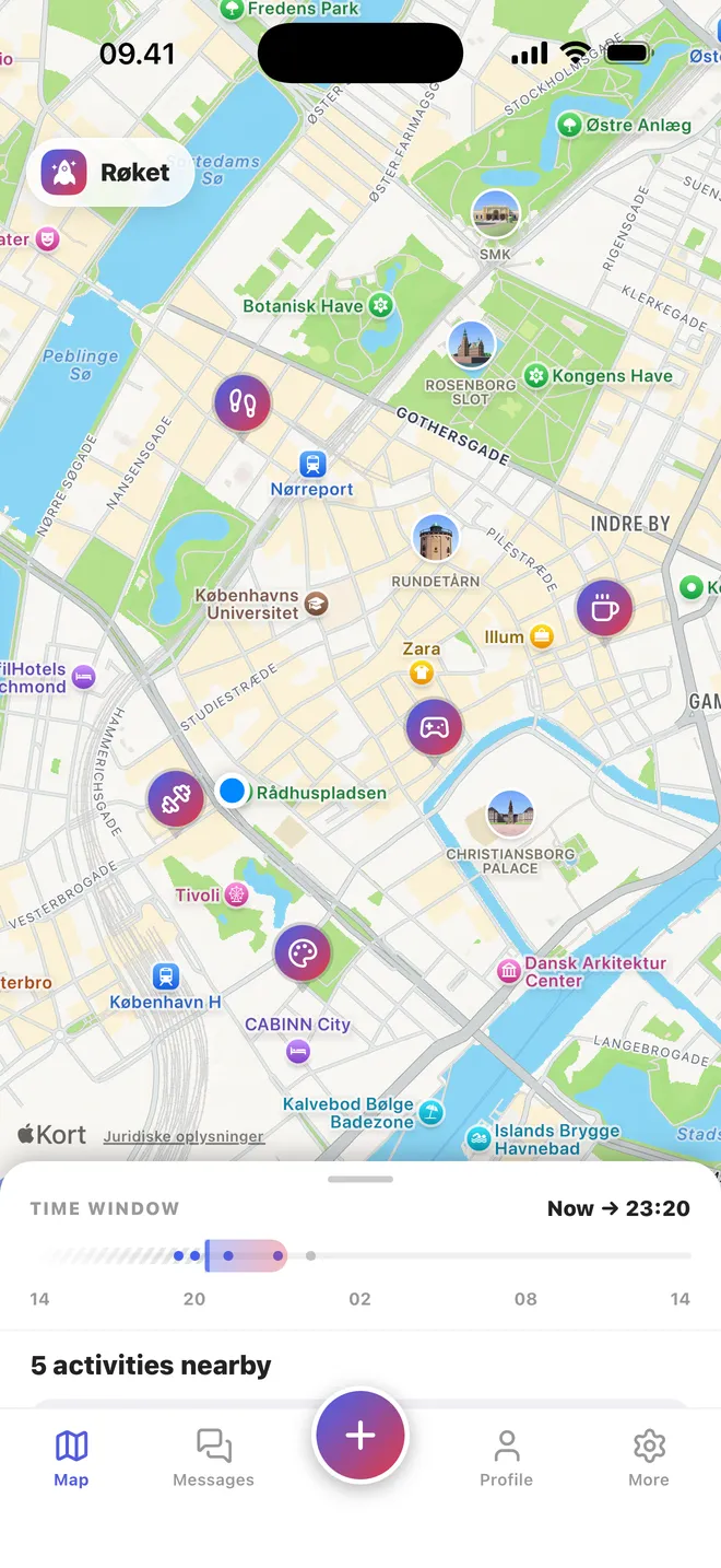 Kortet over København med aktiviteter som markører og tidsvinduet nederst