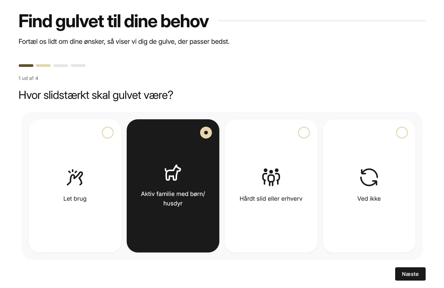 Gulvfinderens første spørgsmål, Hvor slidstærkt skal gulvet være?, med svaret Aktiv familie med børn/husdyr valgt
